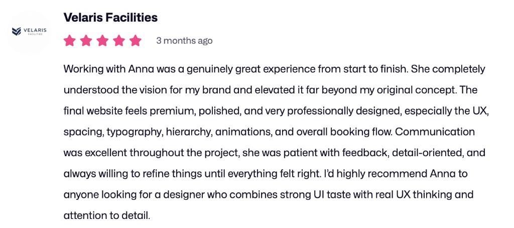 Dribbble review from Velaris Facilities