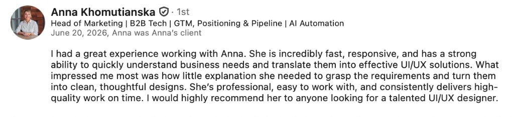 LinkedIn recommendation from Anna Khomutianska